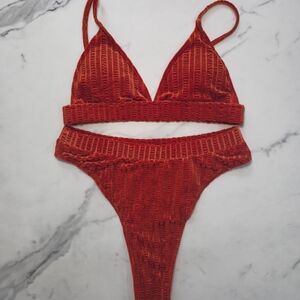 Red Textured Bikini Set